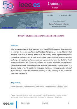 Syrian Refugees in Lebanon: a Dead-End Scenario Visit the Website Receive Newsletter