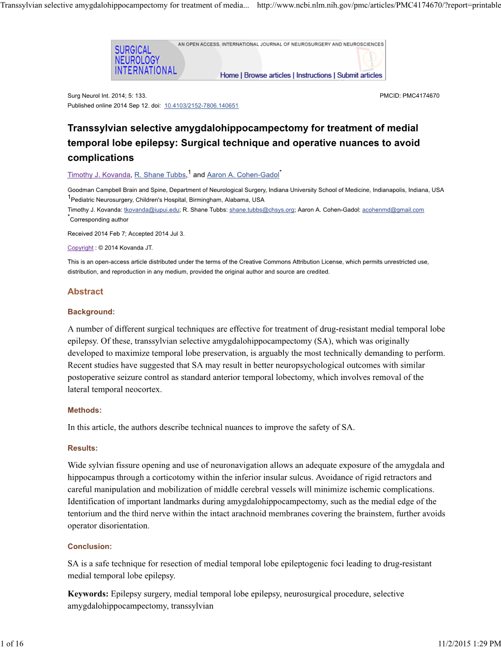 Transsylvian Selective Amygdalohippocampectomy for Treatment of Media