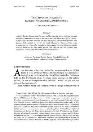 The Discovery of Aelian's Tactica Theoria in Italian