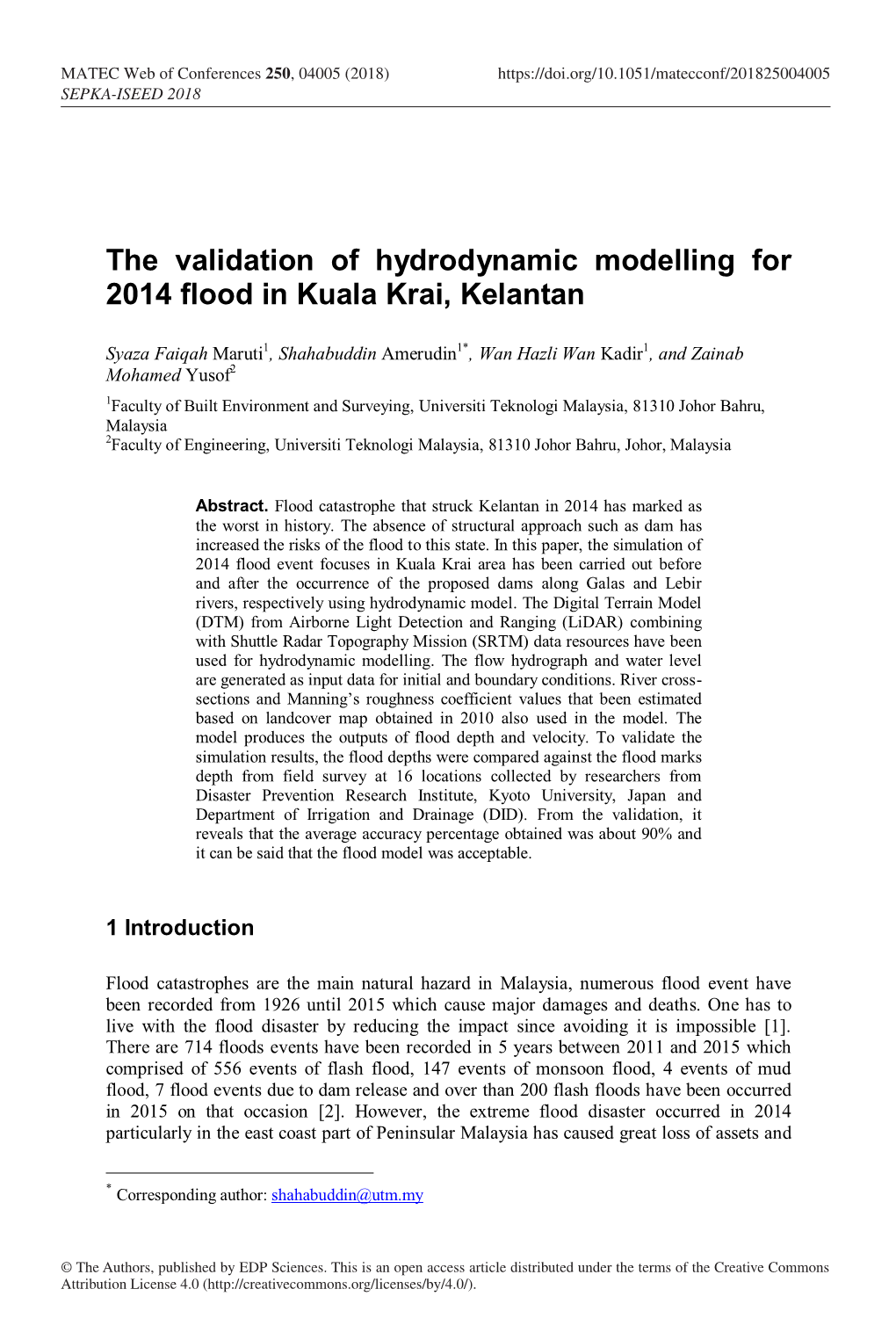 The Validation of Hydrodynamic Modelling for 2014 Flood in Kuala Krai, Kelantan