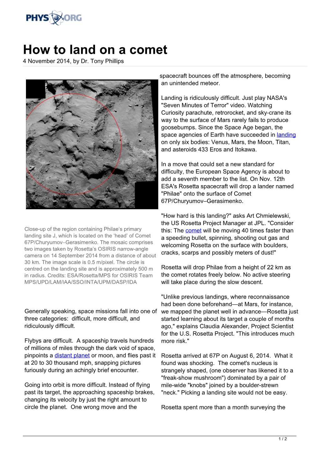 How to Land on a Comet 4 November 2014, by Dr