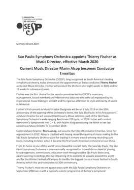 Sao Paulo Symphony Orchestra Appoints Thierry Fischer As Music
