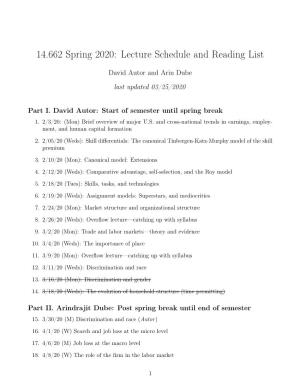 14.662 Spring 2020: Lecture Schedule and Reading List