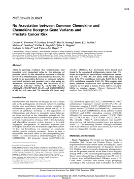 No Association Between Common Chemokine and Chemokine Receptor Gene Variants and Prostate Cancer Risk