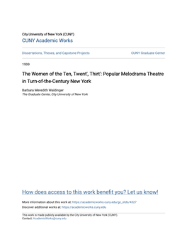 The Women of the Ten, Twent', Thirt': Popular Melodrama Theatre in Turn-Of-The-Century New York