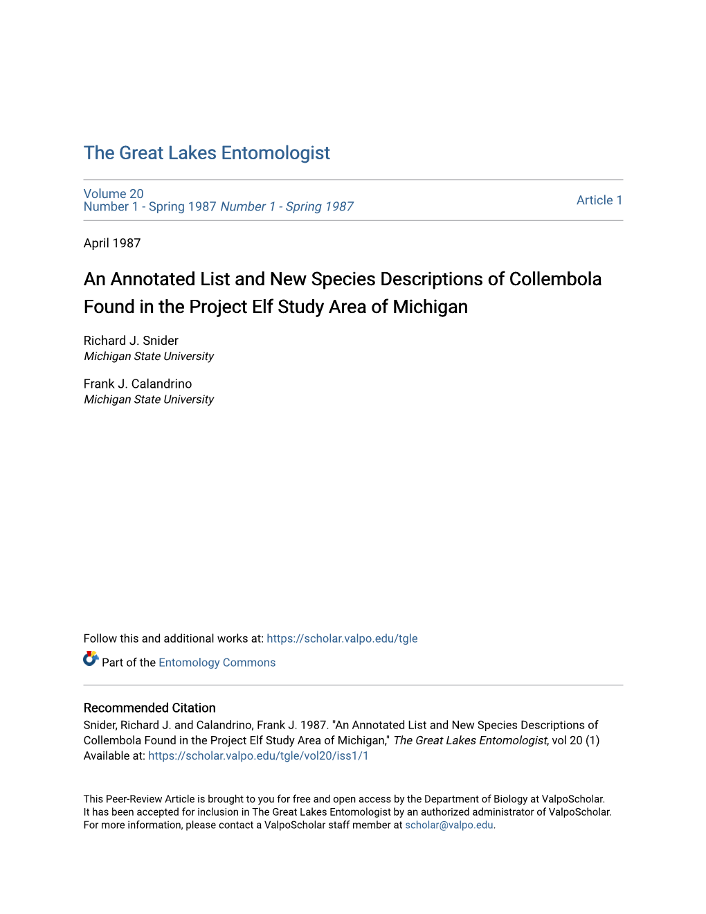 An Annotated List and New Species Descriptions of Collembola Found in the Project Elf Study Area of Michigan