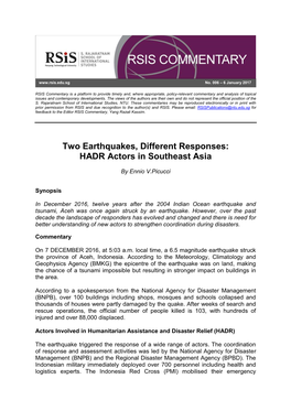 Two Earthquakes, Different Responses: HADR Actors in Southeast Asia