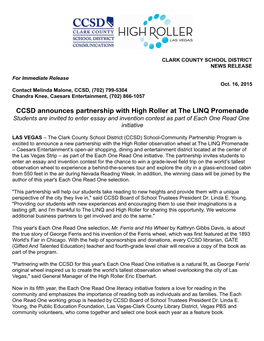 CCSD Announces Partnership with High Roller at the LINQ Promenade Students Are Invited to Enter Essay and Invention Contest As Part of Each One Read One Initiative