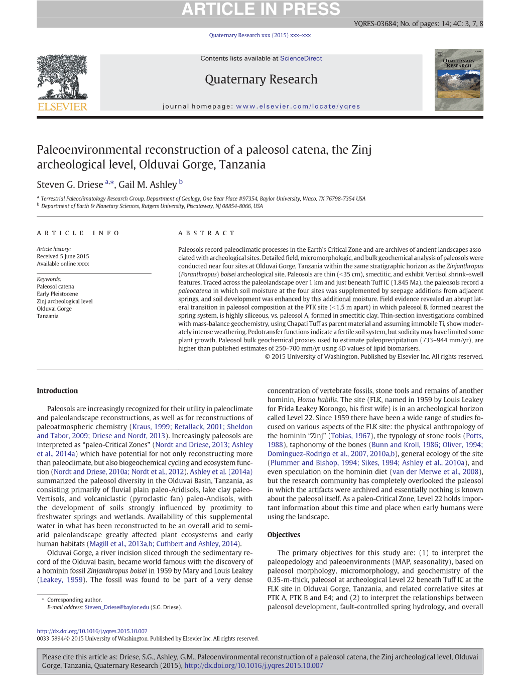 Paleoenvironmental Reconstruction of a Paleosol Catena, the Zinj Archeological Level, Olduvai Gorge, Tanzania