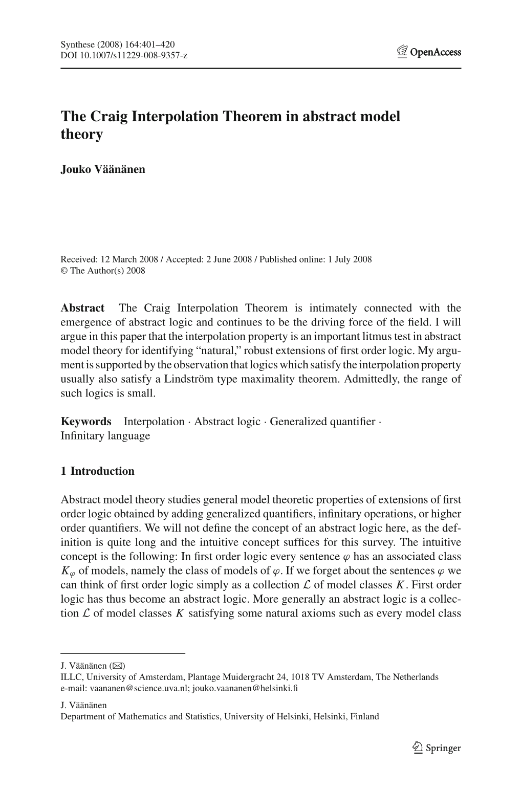 The Craig Interpolation Theorem in Abstract Model Theory