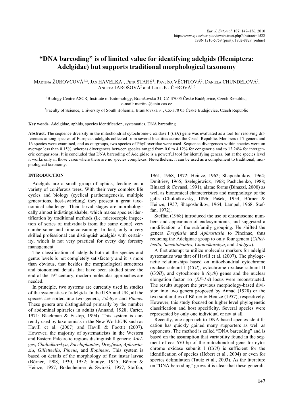 DNA Barcoding” Is of Limited Value for Identifying Adelgids (Hemiptera: Adelgidae) but Supports Traditional Morphological Taxonomy