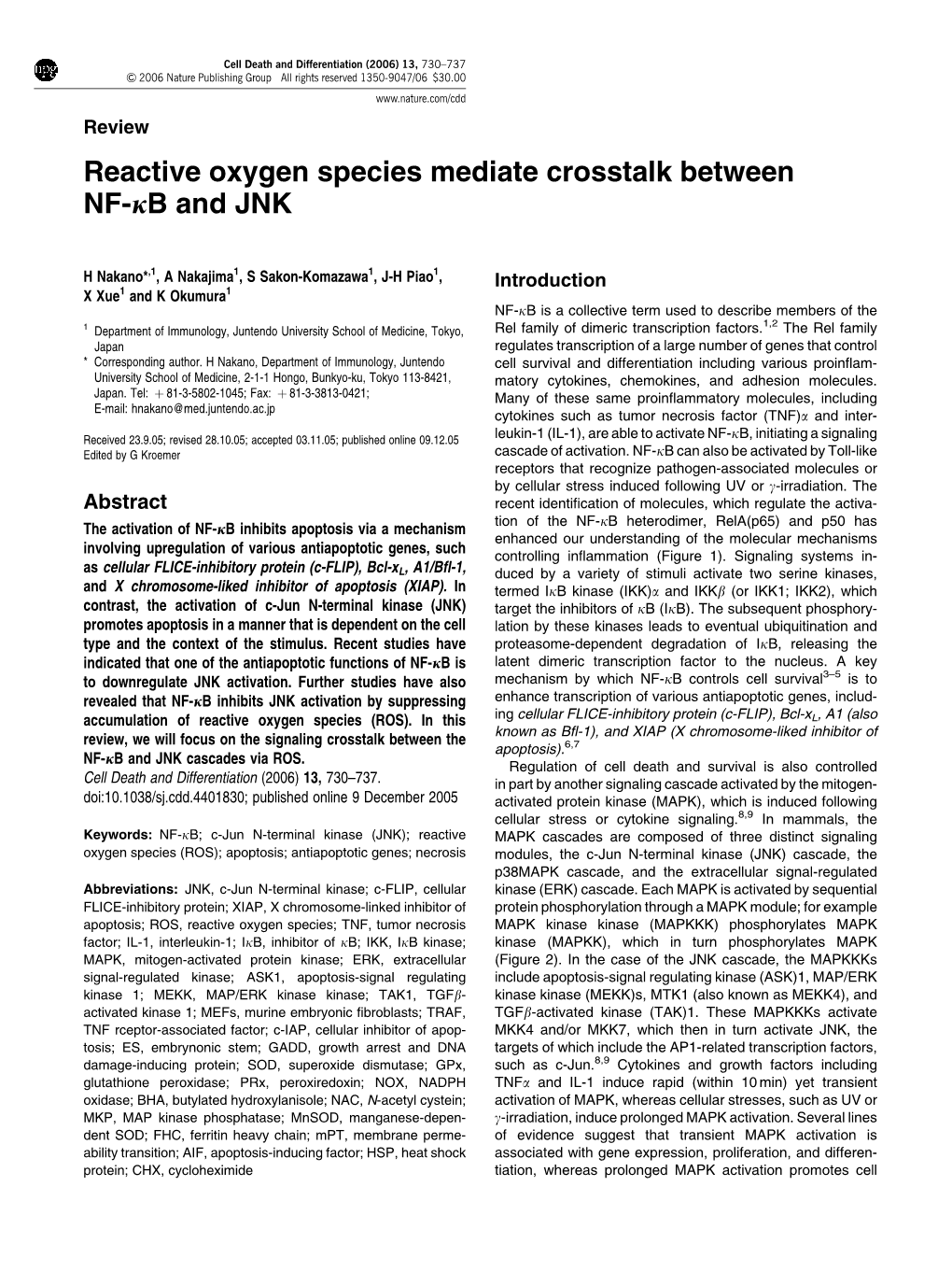 Reactive Oxygen Species Mediate Crosstalk Between NF-Jb and JNK