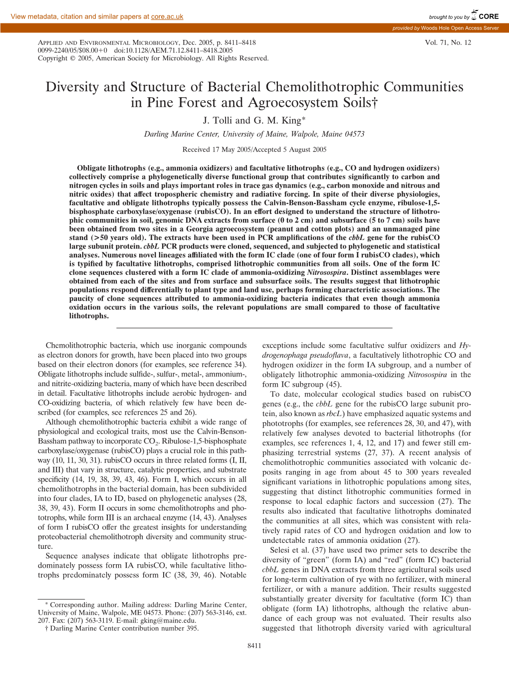 Diversity and Structure of Bacterial Chemolithotrophic Communities in Pine Forest and Agroecosystem Soils† J