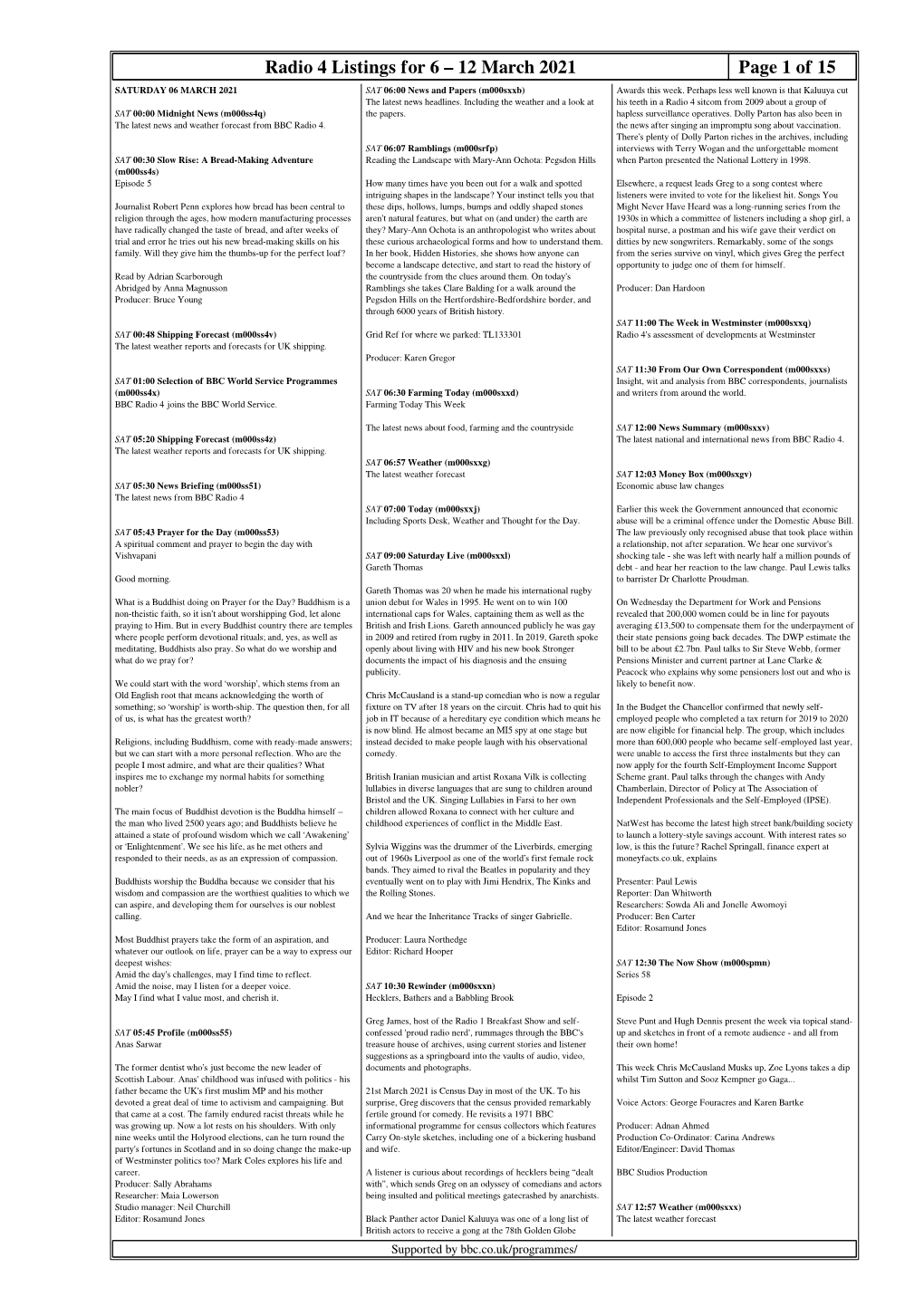 Radio 4 Listings for 6 – 12 March 2021 Page 1 of 15 SATURDAY 06 MARCH 2021 SAT 06:00 News and Papers (M000sxxb) Awards This Week