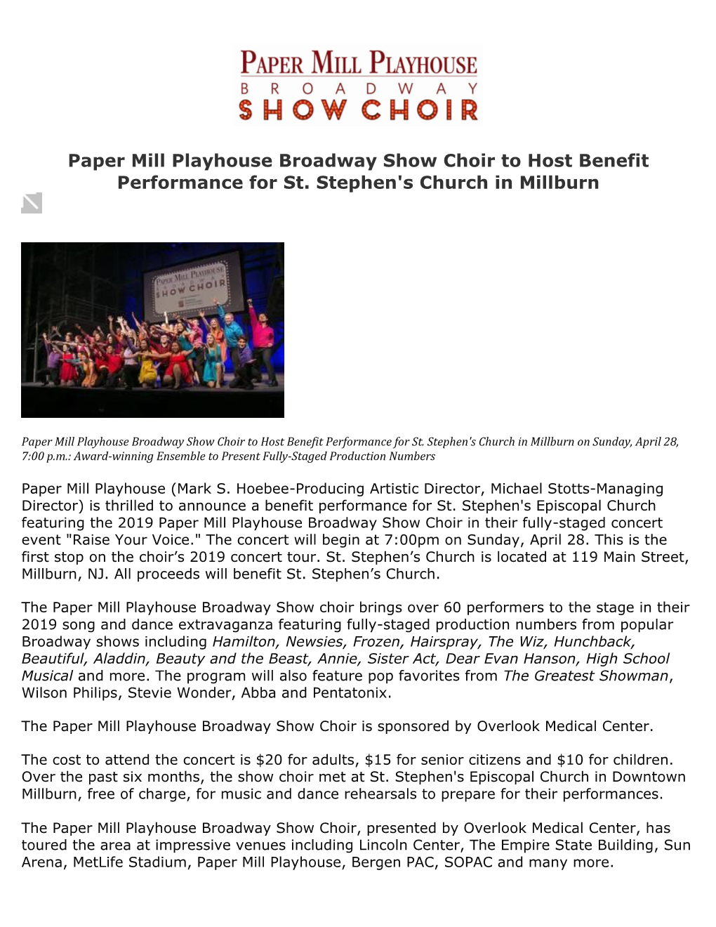 Paper Mill Playhouse Broadway Show Choir to Host Benefit Performance for St