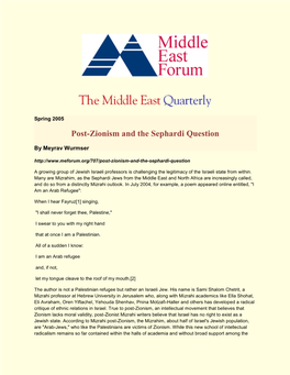 Post-Zionism and the Sephardi Question