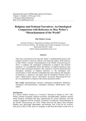 Religious and Fictional Narratives: an Ontological Comparison with Reference to Max Weber’S “Disenchantment of the World”