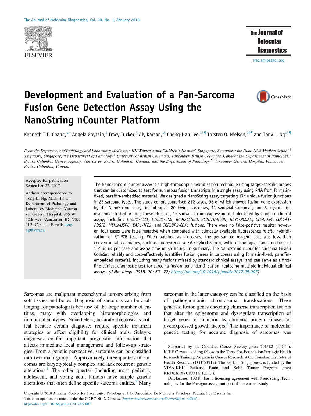 Development and Evaluation of a Pan-Sarcoma Fusion Gene Detection Assay Using the Nanostring Ncounter Platform