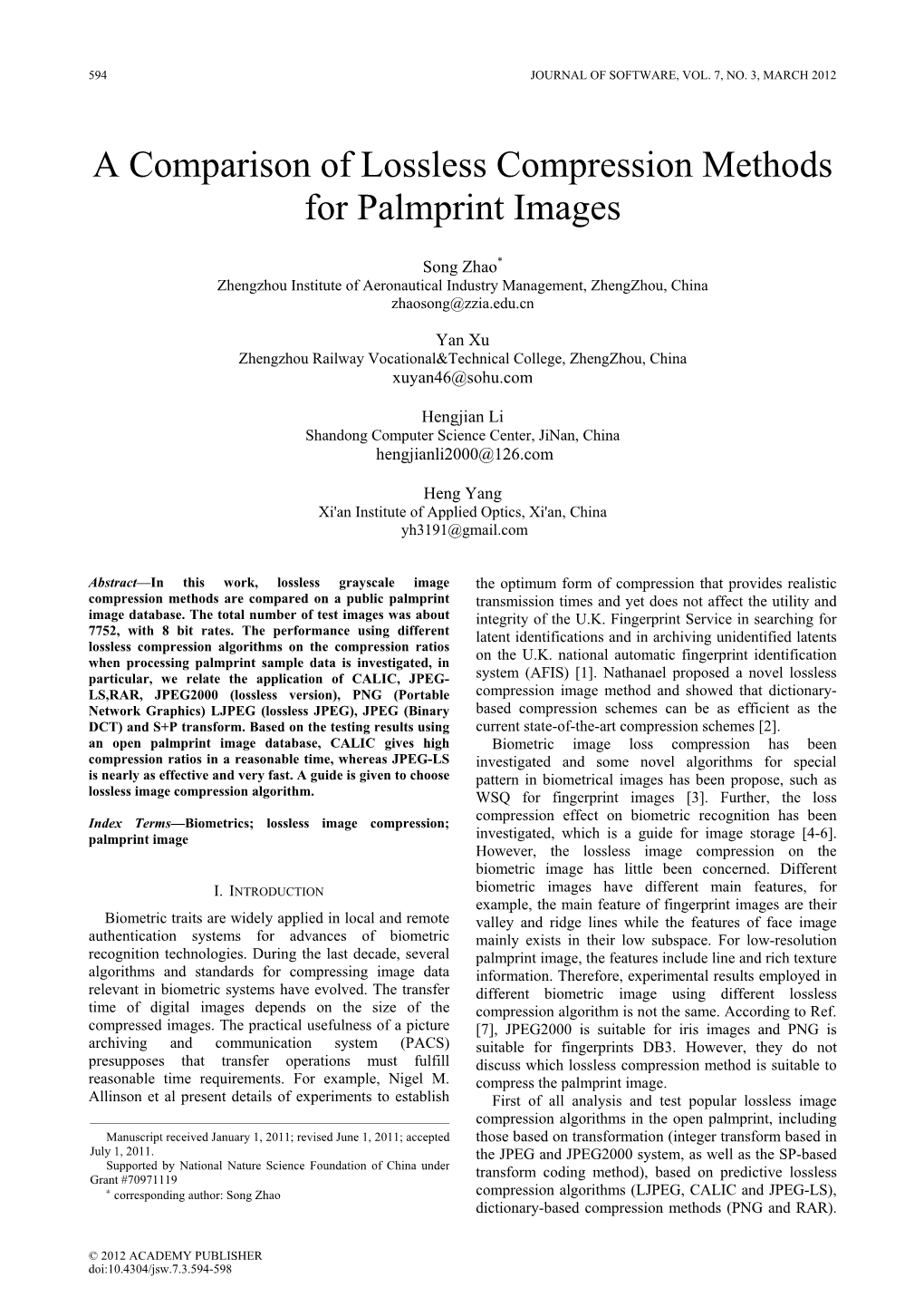 A Comparison of Lossless Compression Methods for Palmprint Images