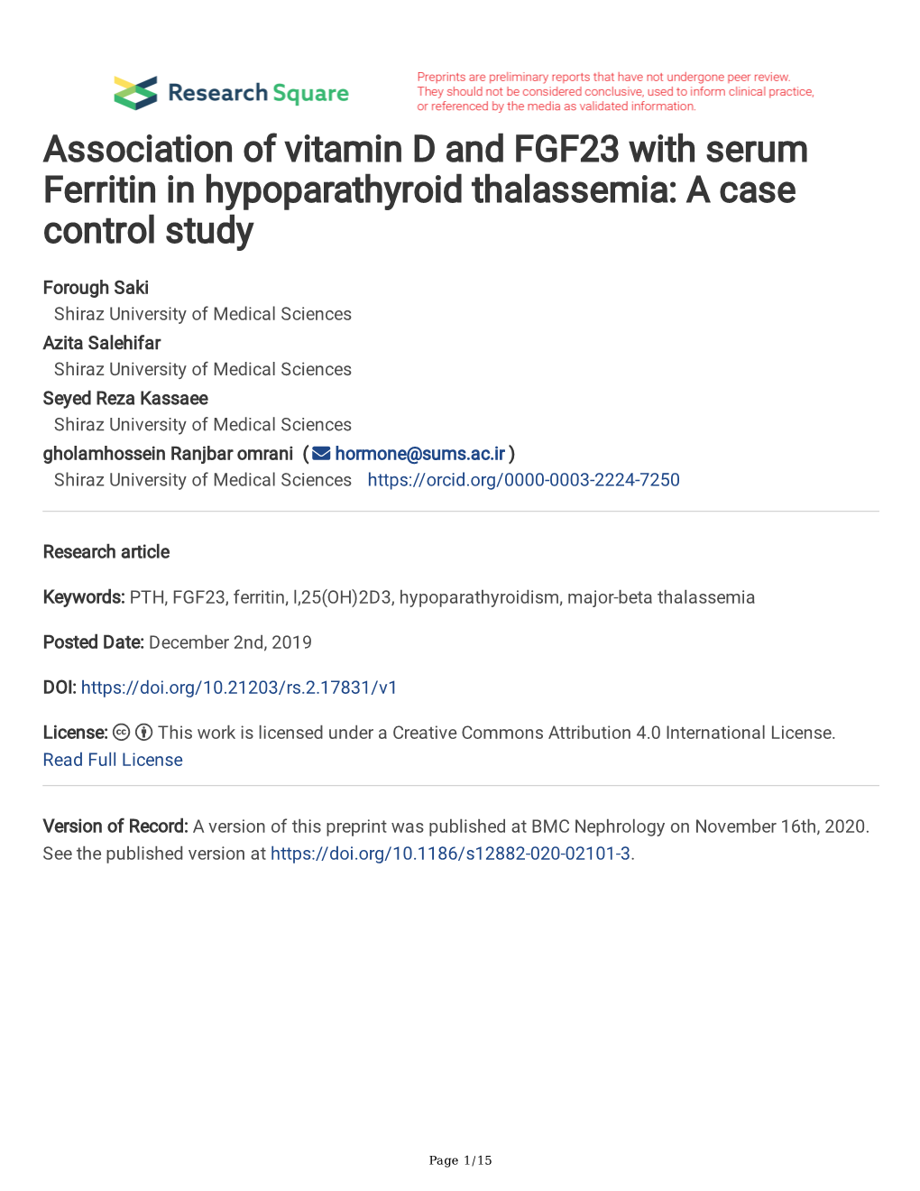 Association of Vitamin D and FGF23 with Serum Ferritin in Hypoparathyroid Thalassemia: a Case Control Study