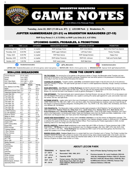 GAME NOTES Low-A Affiliate of the Pittsburgh Pirates