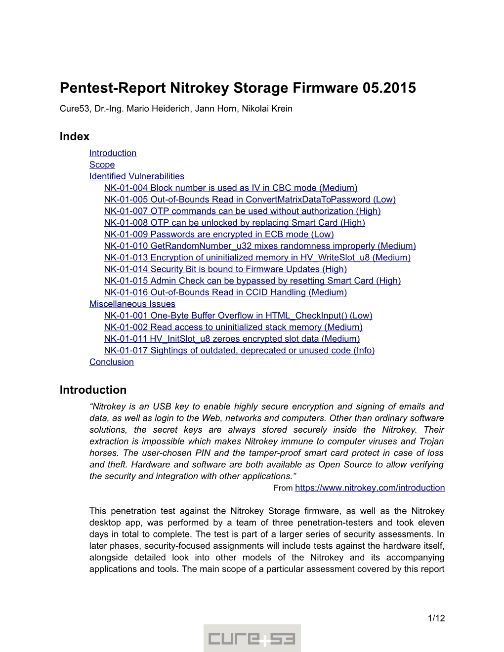 Pentest-Report Nitrokey Storage Firmware 05.2015 Cure53, Dr.-Ing