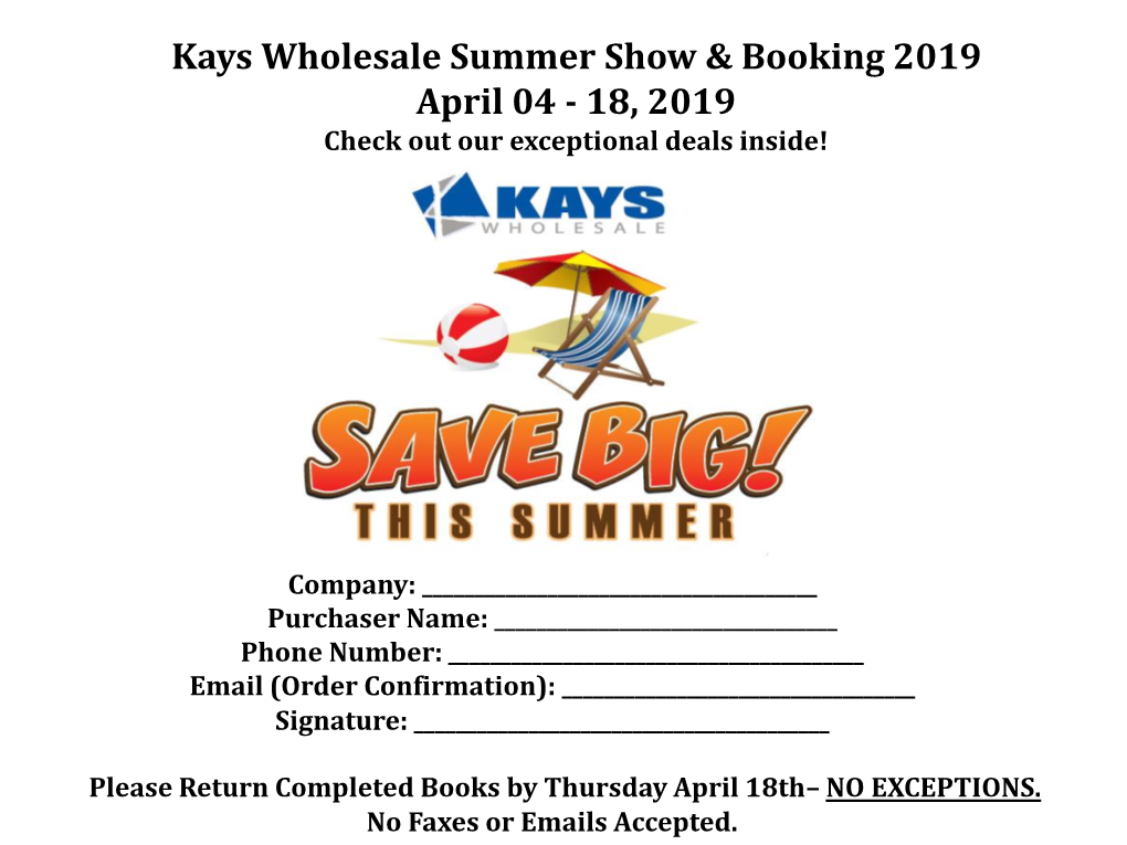 Kays Wholesale Summer Show & Booking 2019 April 04