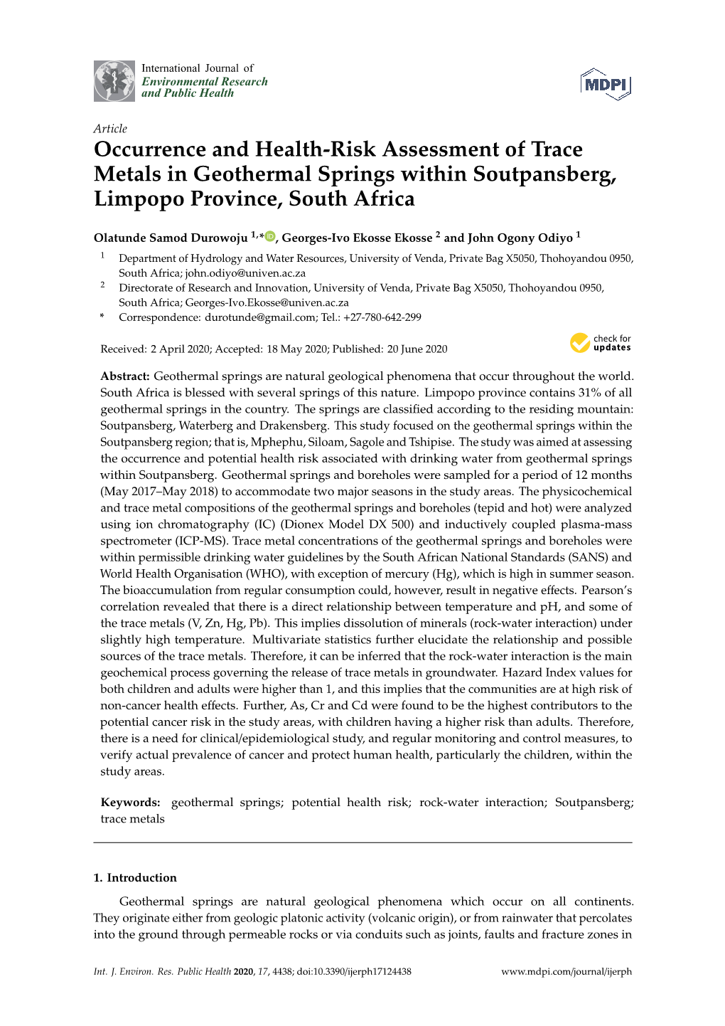 Occurrence and Health-Risk Assessment of Trace Metals in Geothermal Springs Within Soutpansberg, Limpopo Province, South Africa