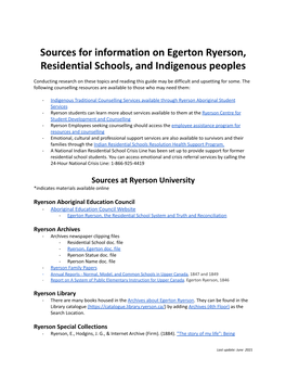 Source Listing for Info on Egerton Ryerson, Residential Schools, and Indigenous Peoples