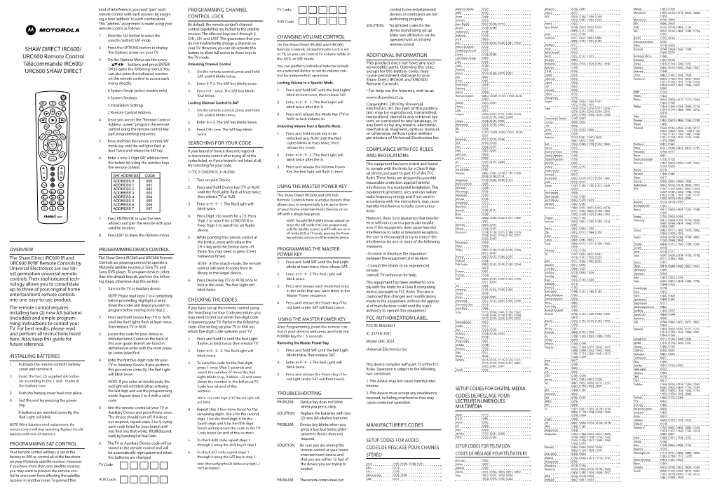 SHAW DIRECT IRC600/ URC600 Remote Control Télécommande
