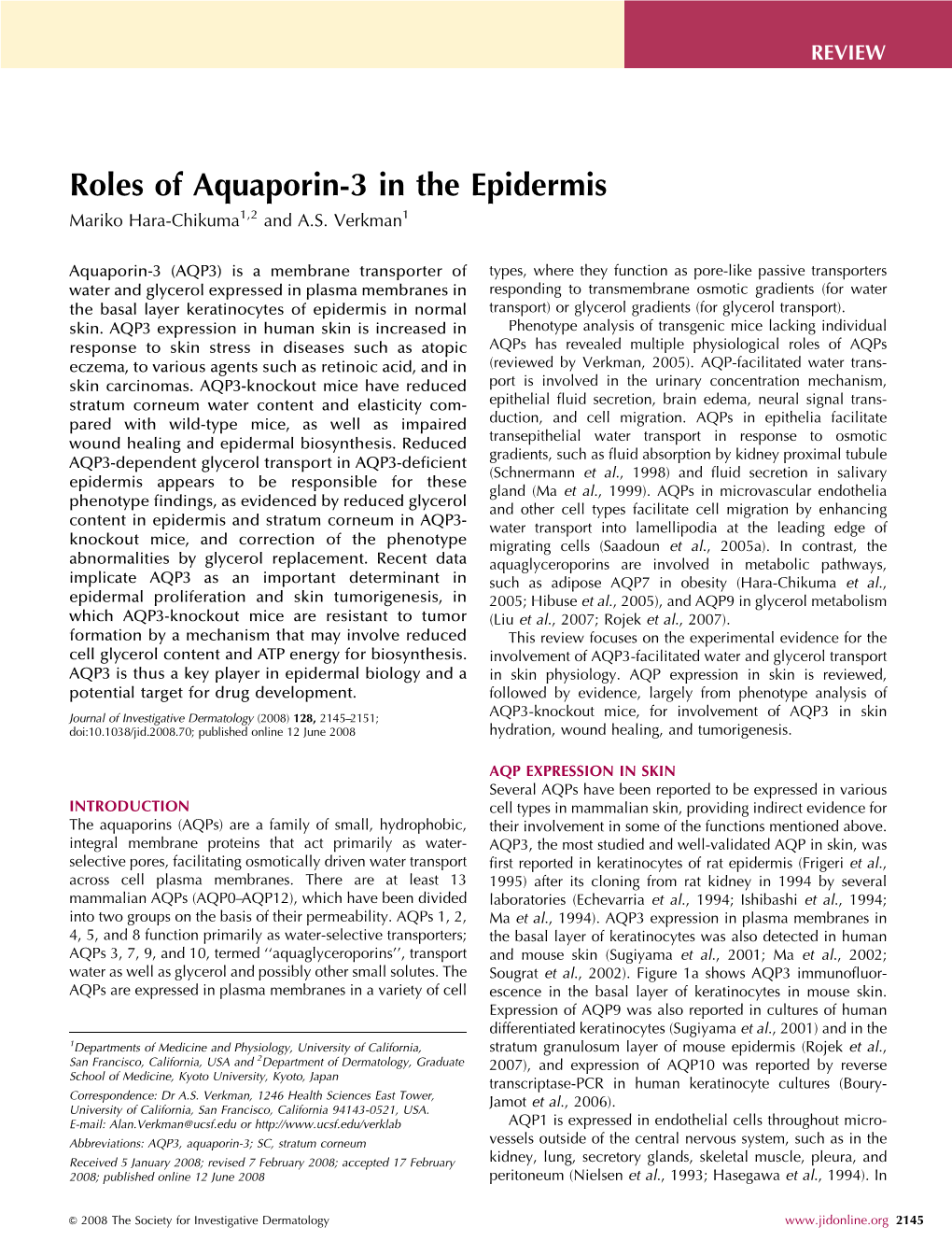Roles of Aquaporin-3 in the Epidermis Mariko Hara-Chikuma1,2 and A.S