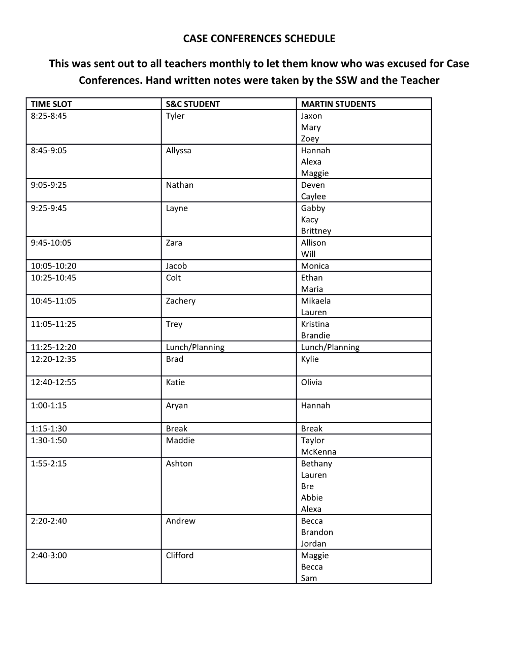 Case Conferences Schedule