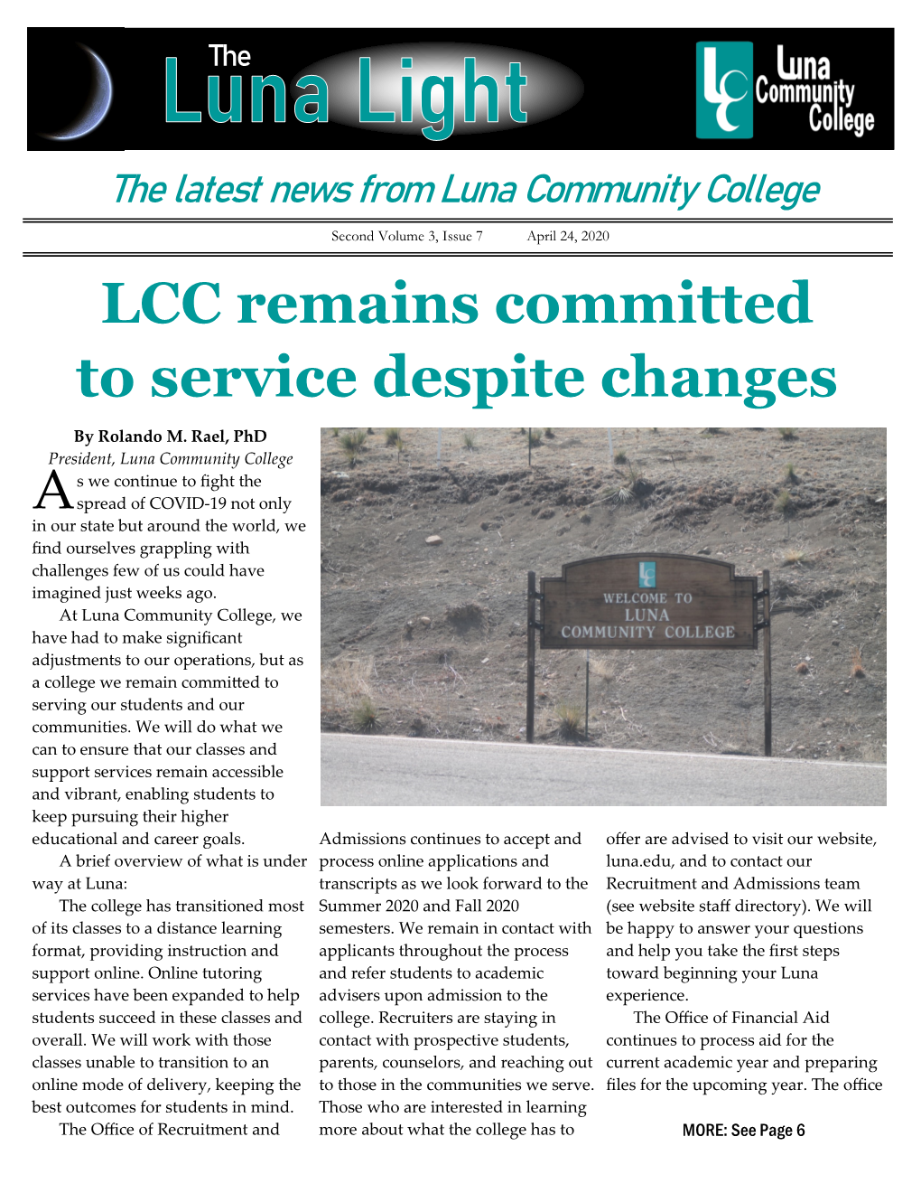 Second Volume 3, Issue 7 April 24, 2020 LCC Remains Committed to Service Despite Changes
