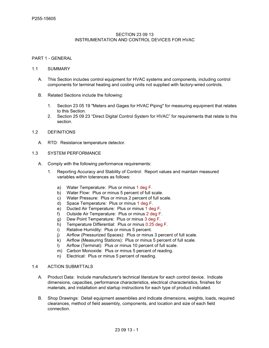 1 Section 23 09 13 Instrumentation and Control