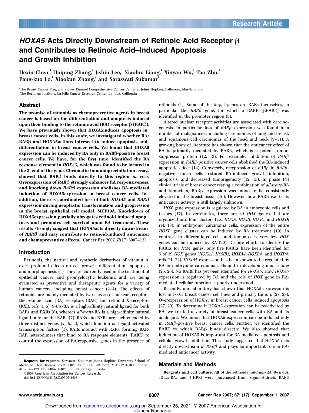 HOXA5 Acts Directly Downstream of Retinoic Acid Receptor B and Contributes to Retinoic Acid–Induced Apoptosis and Growth Inhibition