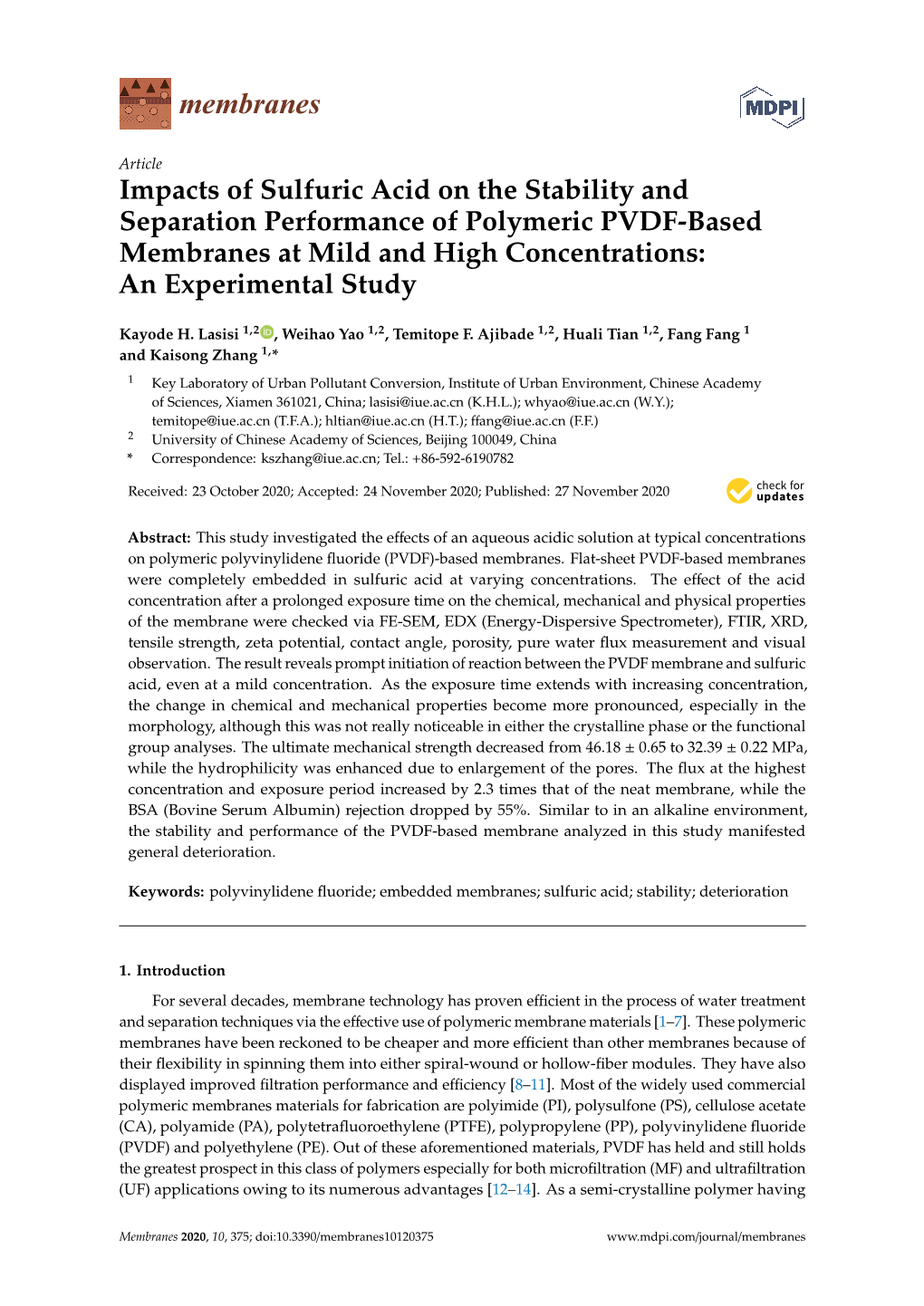 Impacts of Sulfuric Acid on the Stability and Separation Performance of Polymeric PVDF-Based Membranes at Mild and High Concentrations: an Experimental Study