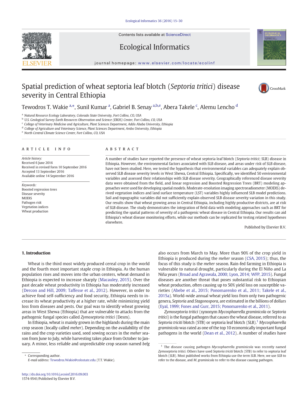 (Septoria Tritici) Disease Severity in Central Ethiopia