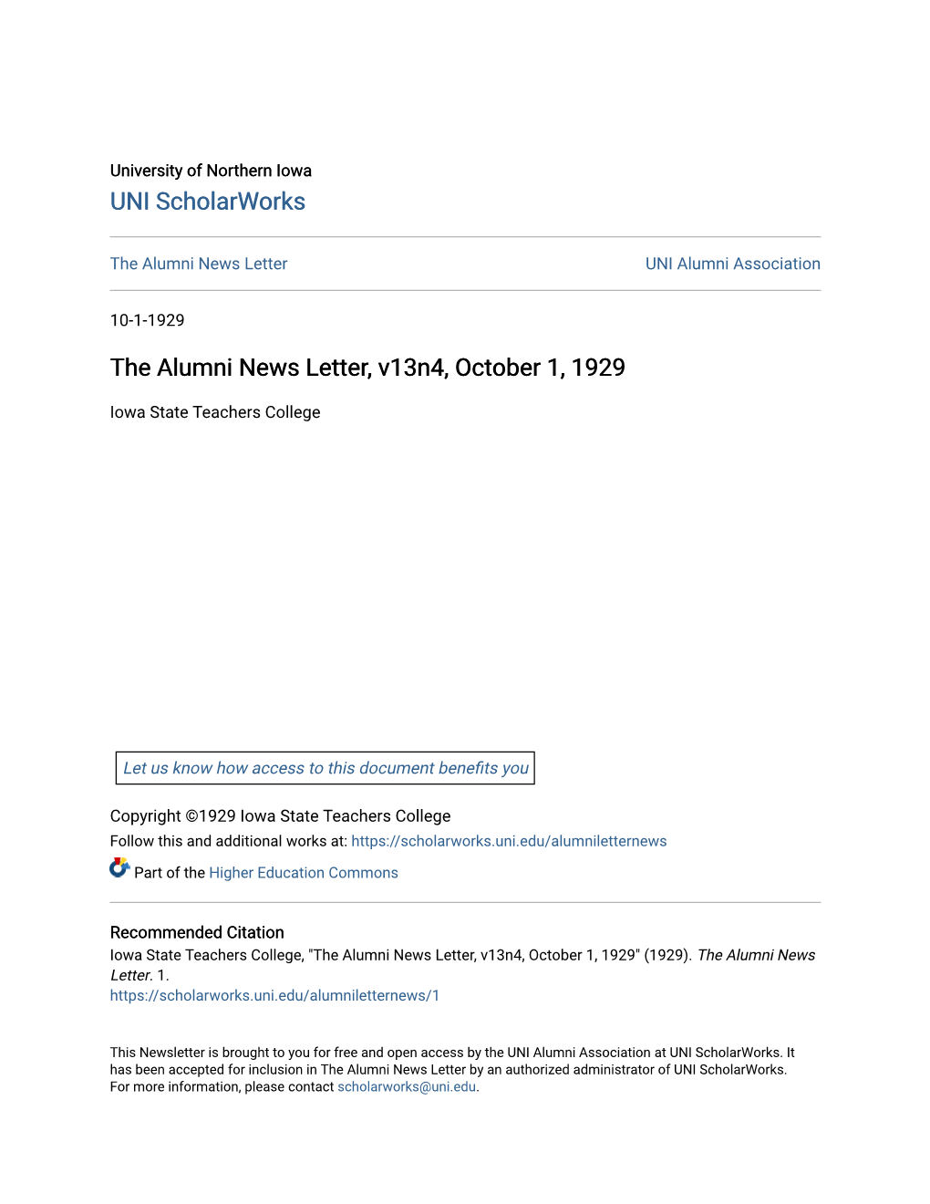 The Alumni News Letter, V13n4, October 1, 1929