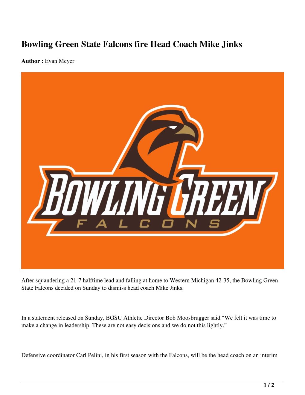 Bowling Green State Falcons Fire Head Coach Mike Jinks