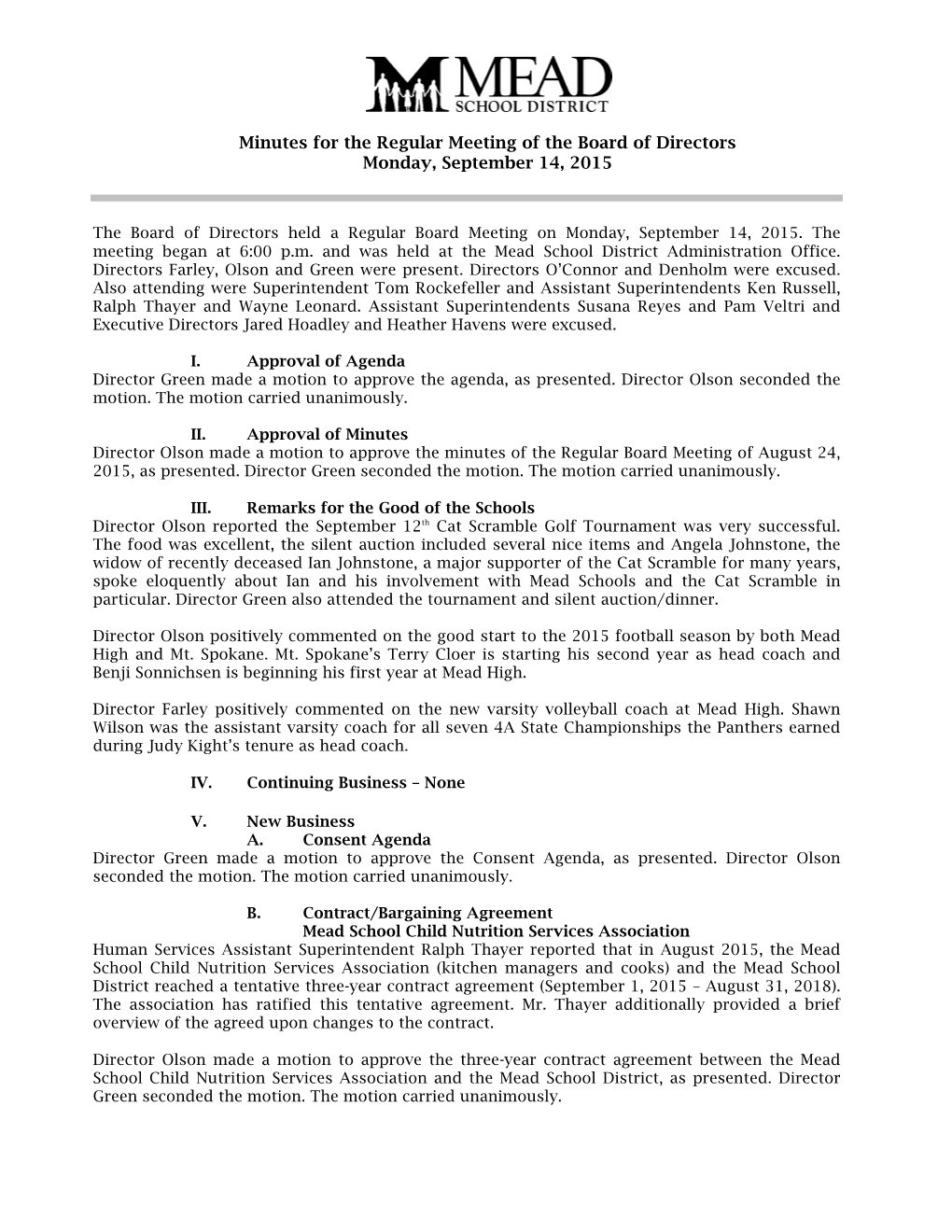 Minutes for the Regular Meeting of the Board of Directors Monday, September 14, 2015