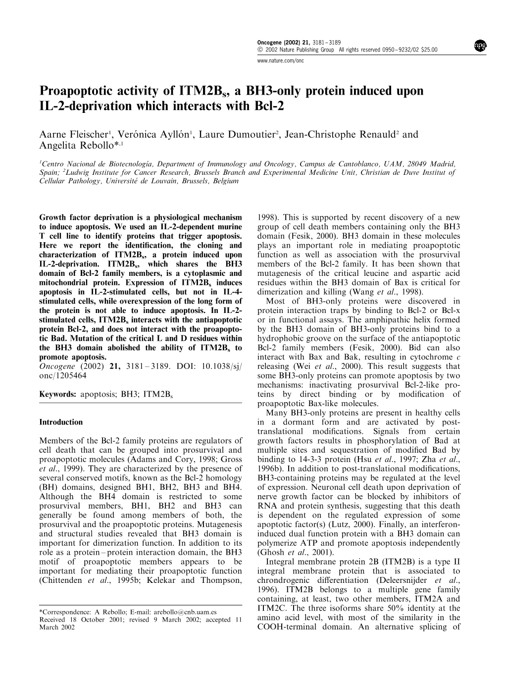 Proapoptotic Activity of Itm2bs, a BH3-Only Protein Induced Upon IL-2-Deprivation Which Interacts with Bcl-2