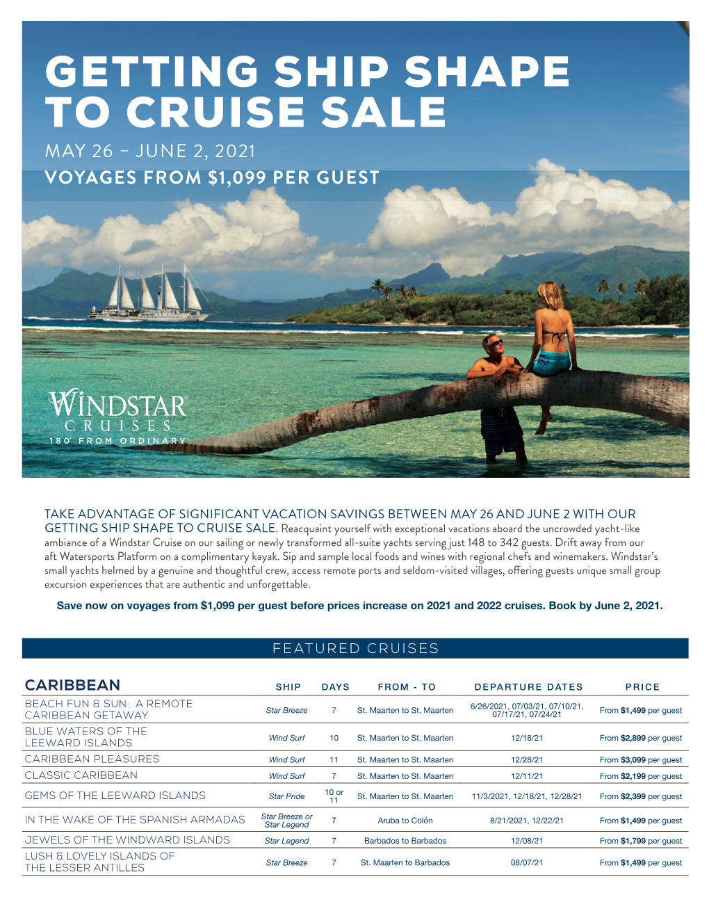 Getting Ship Shape to Cruise Sale May 26 – June 2, 2021 Voyages from $1,099 Per Guest