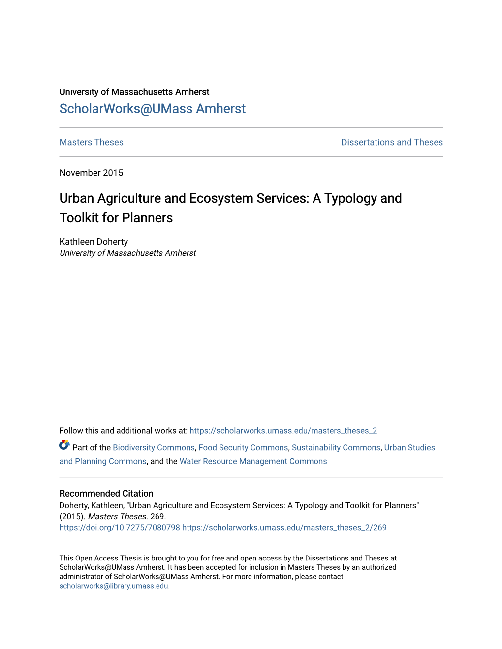 Urban Agriculture and Ecosystem Services: a Typology and Toolkit for Planners