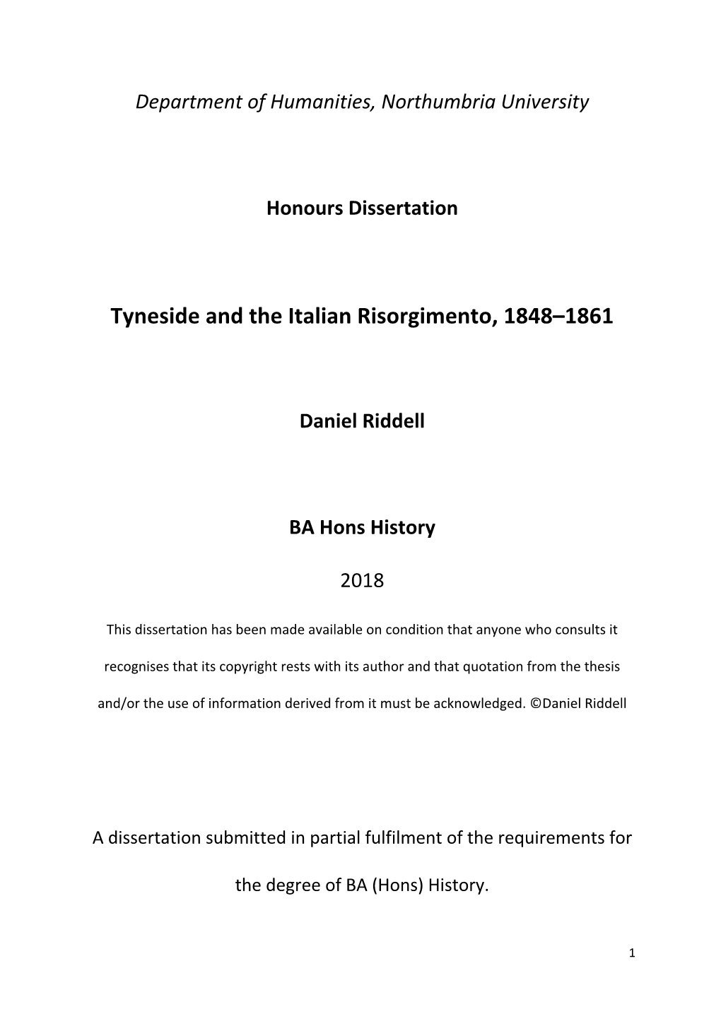 Tyneside and the Italian Risorgimento, 1848–1861