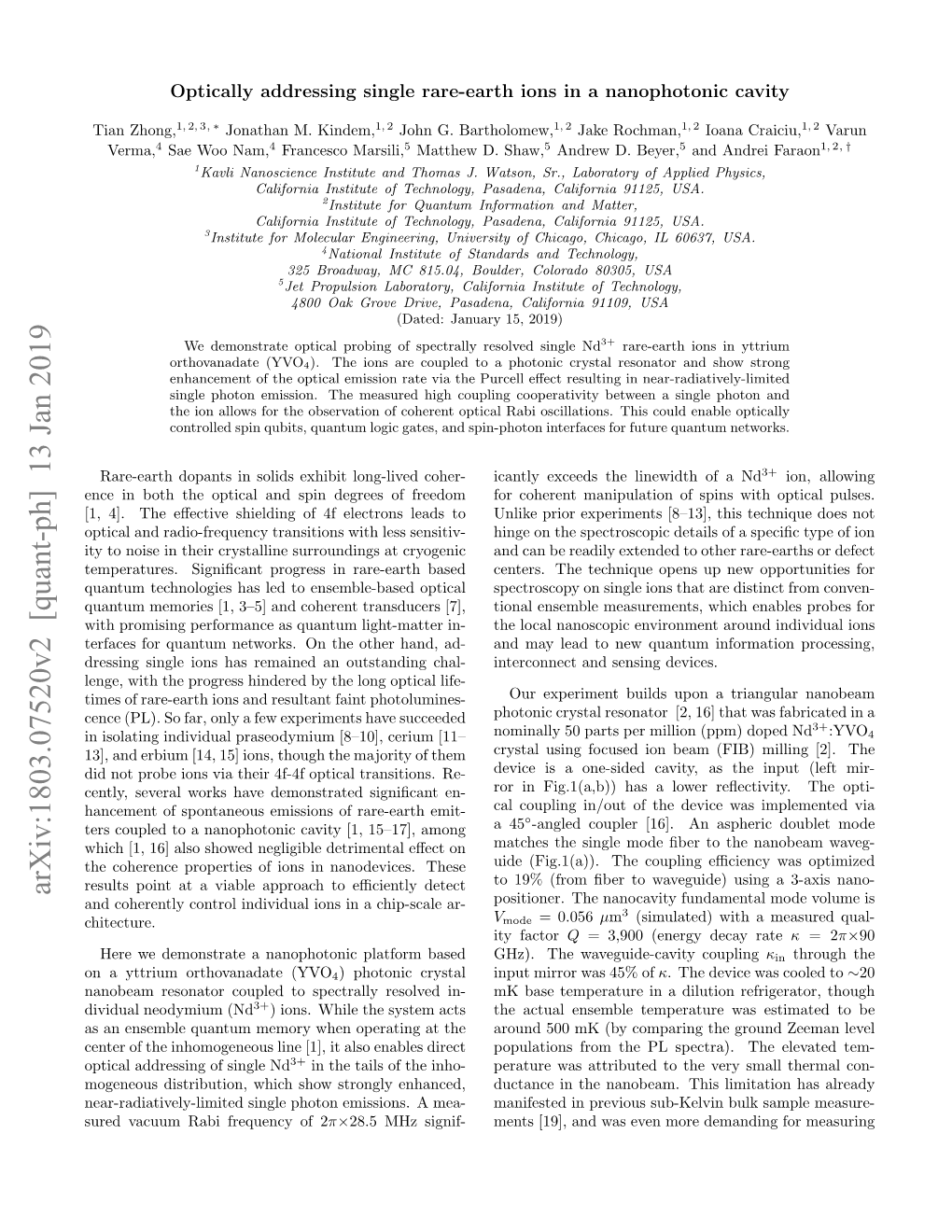 Arxiv:1803.07520V2 [Quant-Ph] 13 Jan 2019 and Coherently Control Individual Ions in a Chip-Scale Ar- Positioner