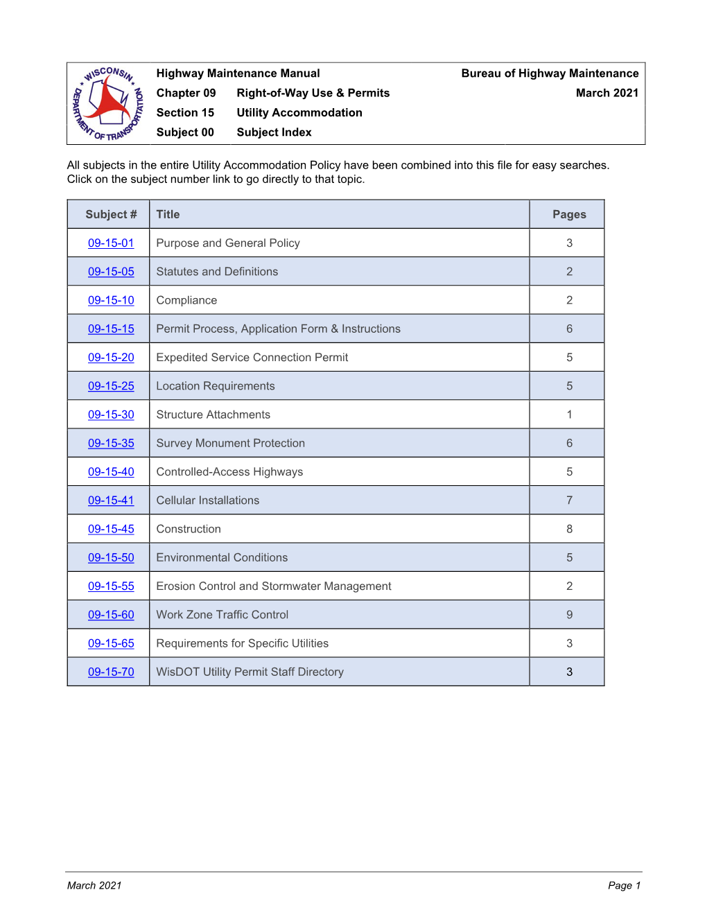 Highway Maintenance Manual Bureau of Highway Maintenance Chapter 09 Right-Of-Way Use & Permits March 2021 Section 15 Utility Accommodation Subject 00 Subject Index