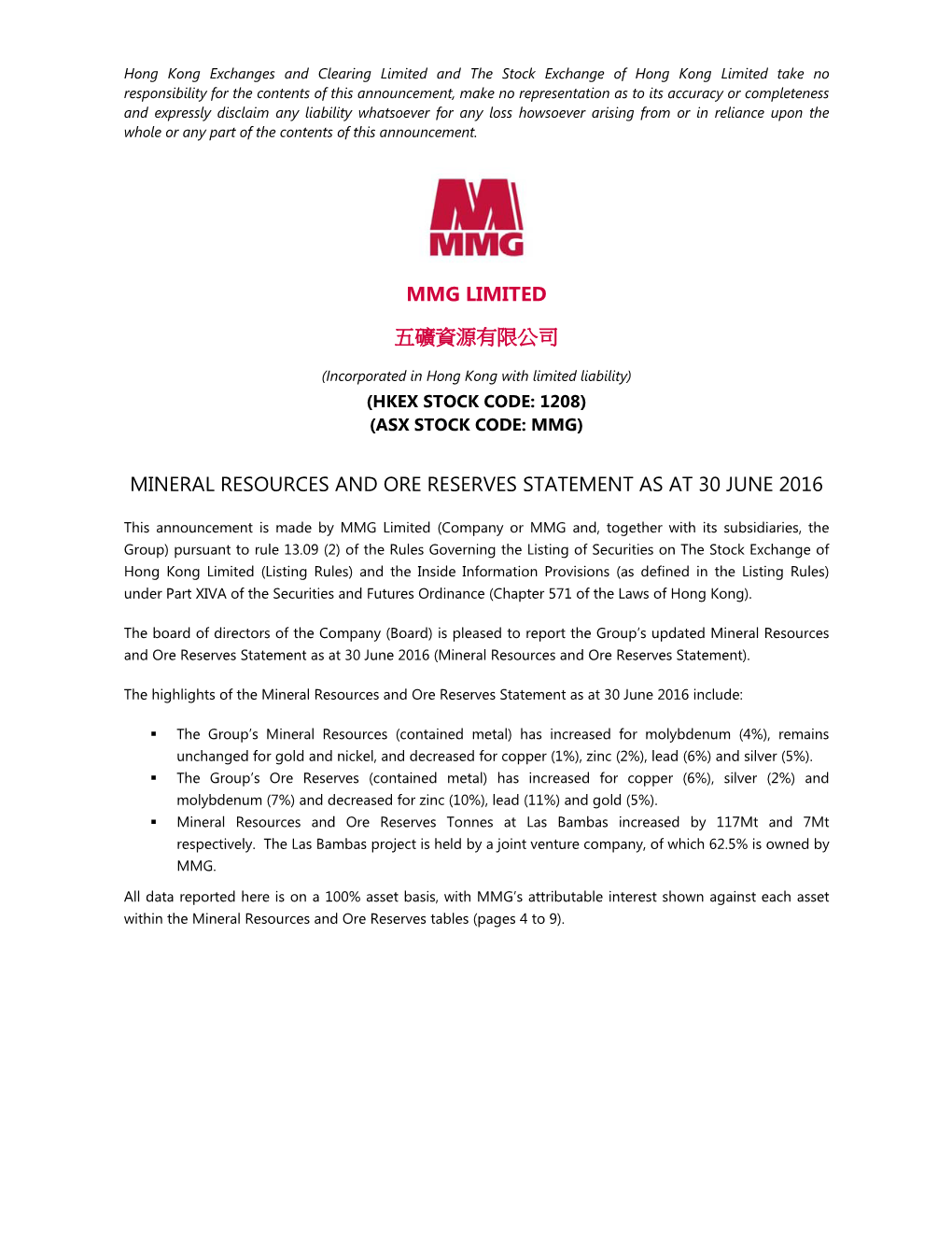 Mmg Limited 五礦資源有限公司 Mineral Resources and Ore