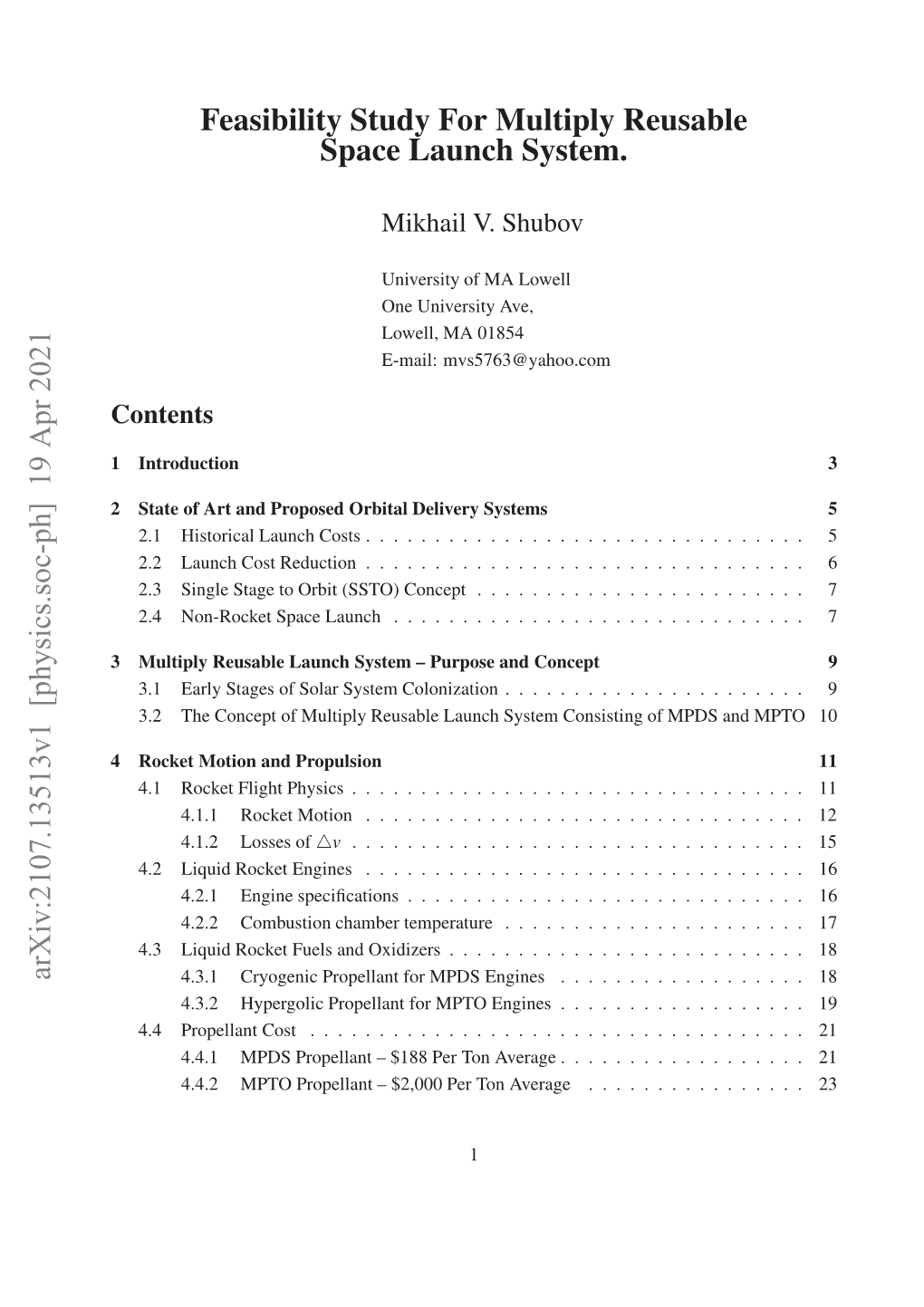 Feasibility Study for Multiply Reusable Space Launch System