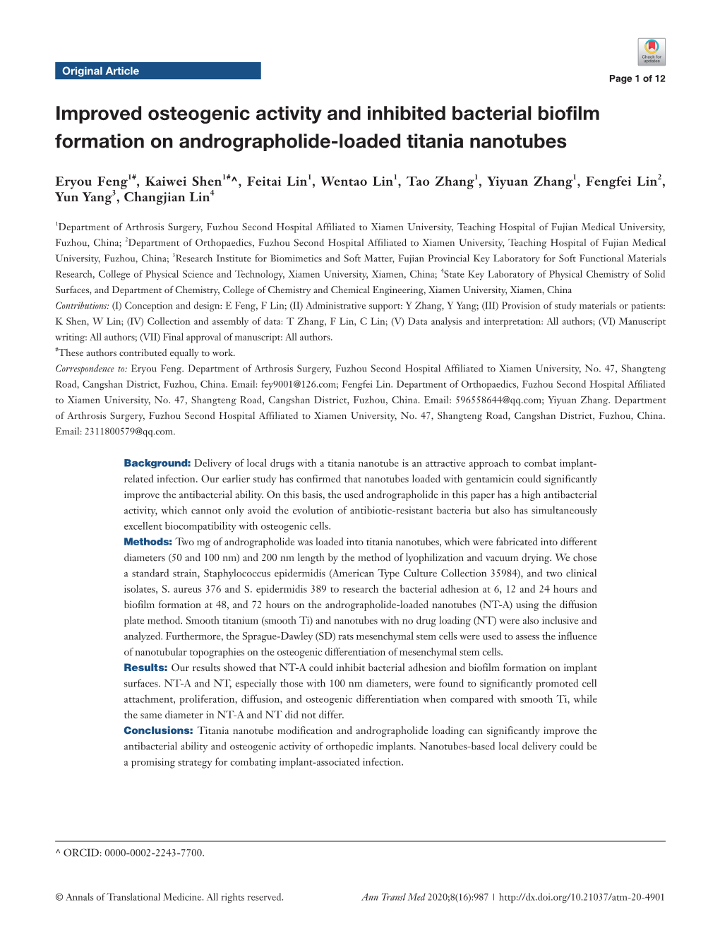 Improved Osteogenic Activity and Inhibited Bacterial Biofilm Formation on Andrographolide-Loaded Titania Nanotubes