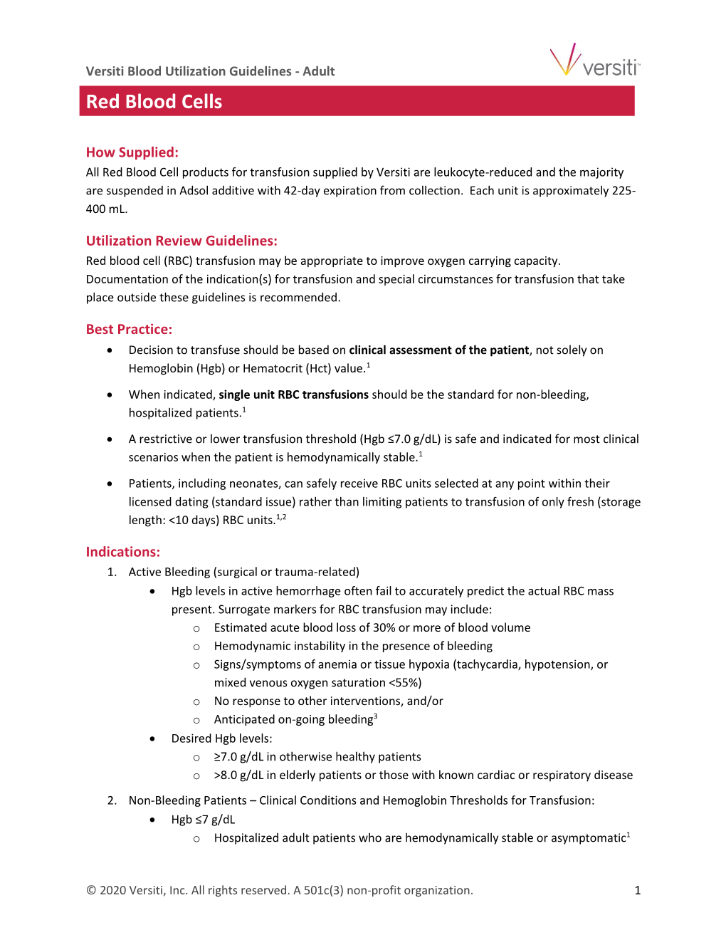 Versiti Blood Utilization Guidelines - Adult Red Blood Cells